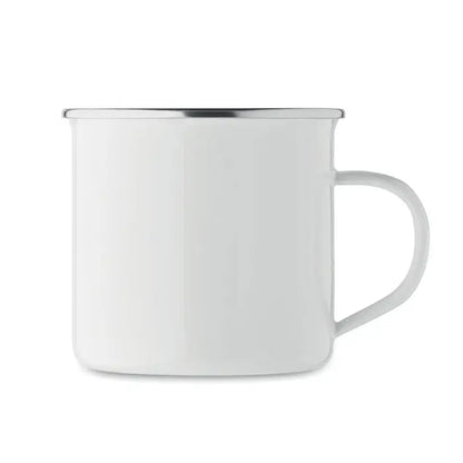 Cană de sublimare email albă cu margine și mâner argintiu de 500 ml pentru camping