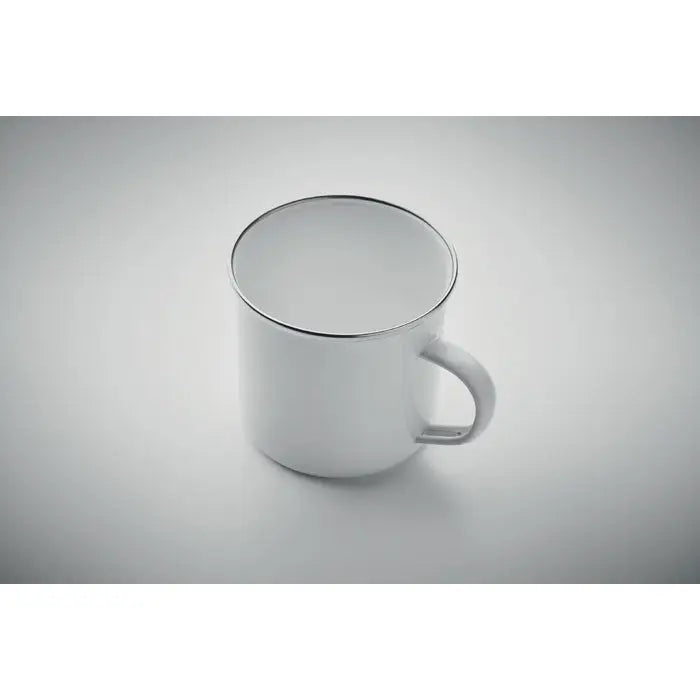 Cană de sublimare email albă cu margine și mâner argintiu de 500ml din metal