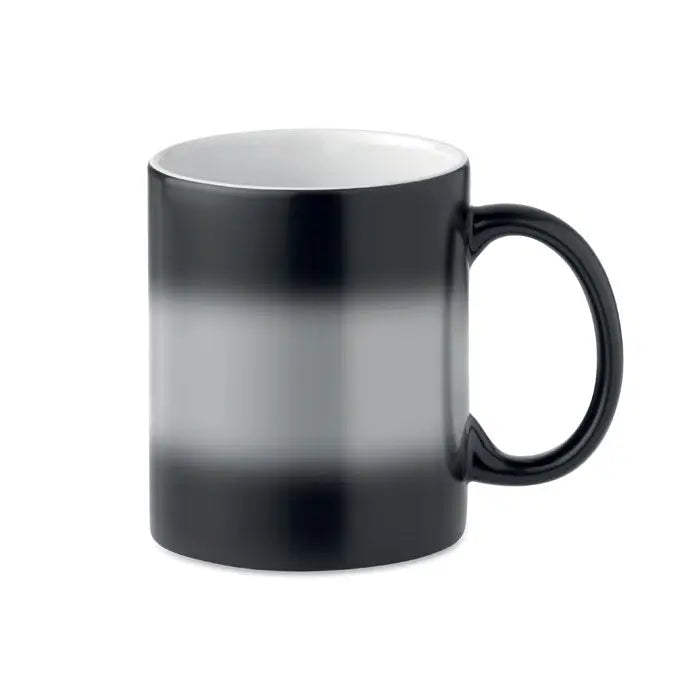 Cana de sublimare inchisa 300ml cu gradient negru-argintiu din ceramica lucioasa si interior alb
