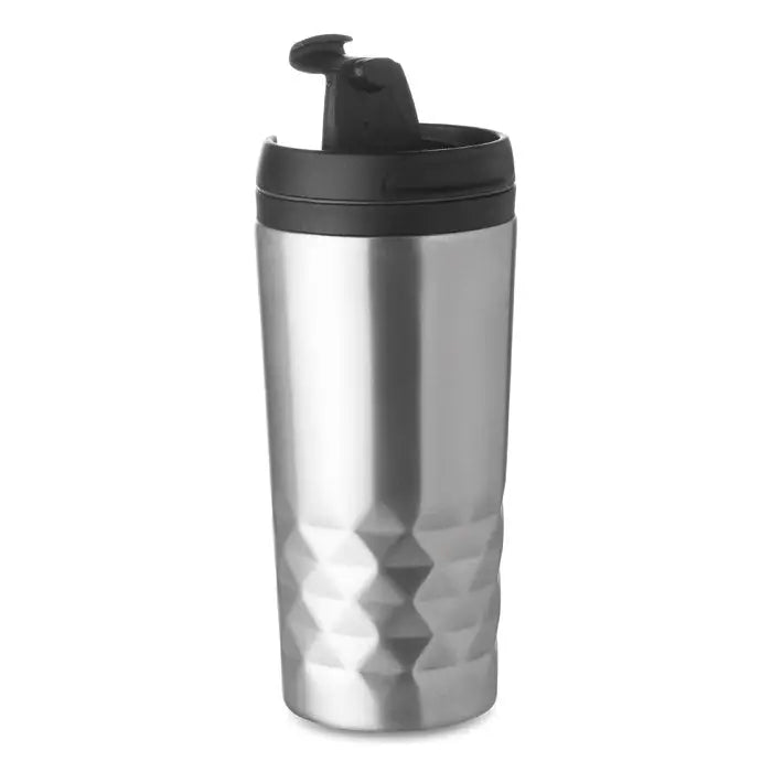Cană de voiaj din oțel inoxidabil cu perete dublu 280 ml și capac negru cu clapetă, model geometric diamantat