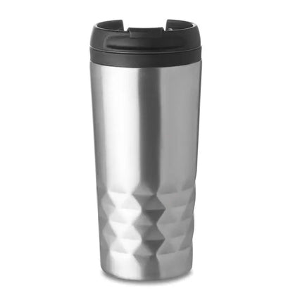 Cană de voiaj cu perete dublu 280 ml din oțel inoxidabil cu capac negru și textură geometrică diamantată