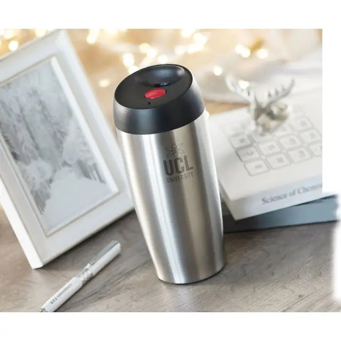 Cana de voiaj ucl universitate din inox argintiu cu perete dublu, capac negru si buton rosu, 350 ml