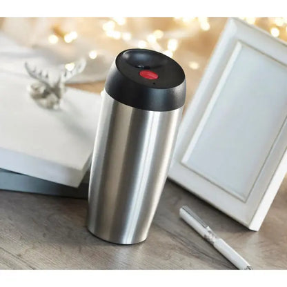 Cana de voiaj din otel inoxidabil cu perete dublu 350 ml cu capac negru si buton rosu