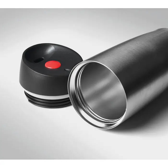 Cana de voiaj cu perete dublu 350 ml neagra si argintie cu buton rosu pe capac pentru bauturi calde sau reci