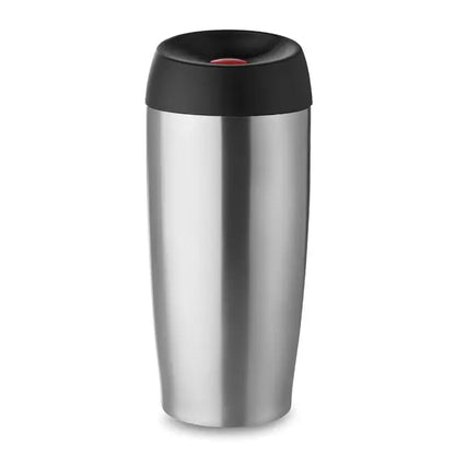 Cană de voiaj din oțel inoxidabil cu perete dublu 350 ml, capac negru și buton roșu pentru sorbit