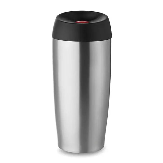 Cană de voiaj din oțel inoxidabil cu perete dublu 350 ml, capac negru și buton roșu pentru sorbit