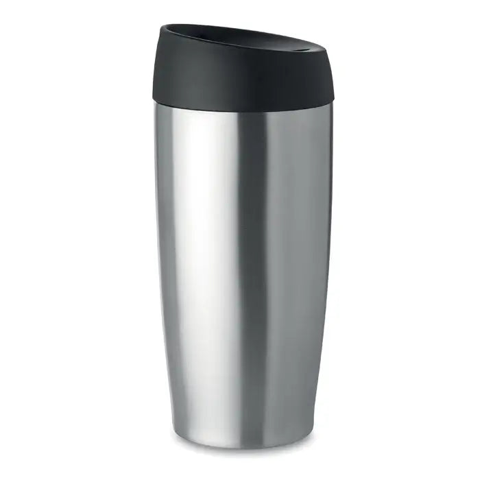 Cană de voiaj din oțel inoxidabil argintiu cu perete dublu și capac negru de 350 ml