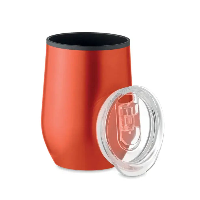 Cana de voiaj cu perete dublu 350 ml, termos mat portocaliu cu margine interioara neagra si capac transparent