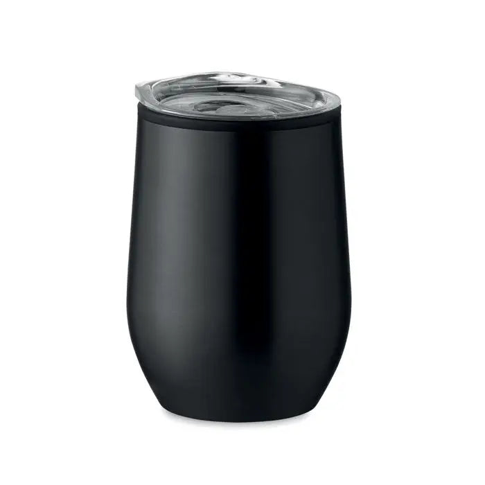 Cana de voiaj cu perete dublu 350 ml neagra mata din otel inoxidabil cu capac transparent din plastic