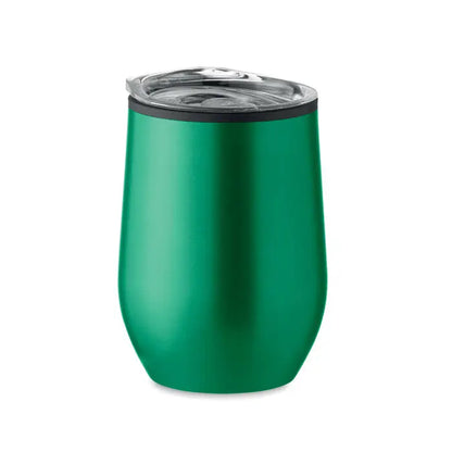 Cană de voiaj cu perete dublu verde metalizat 350 ml, din metal izolat cu capac transparent și sigiliu negru