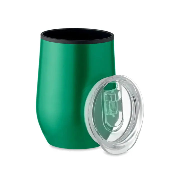 Cana de voiaj verde cu perete dublu 350 ml, interior negru si capac transparent, izolata termic