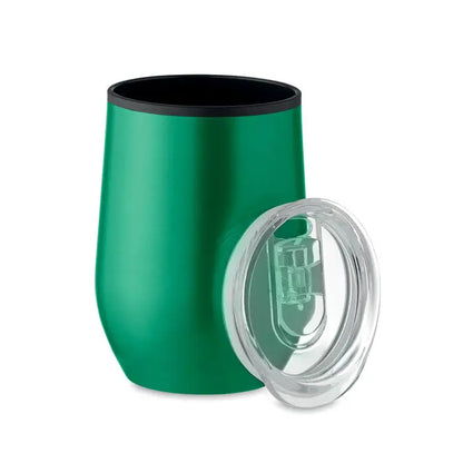 Cana de voiaj verde cu perete dublu 350 ml, interior negru si capac transparent, izolata termic