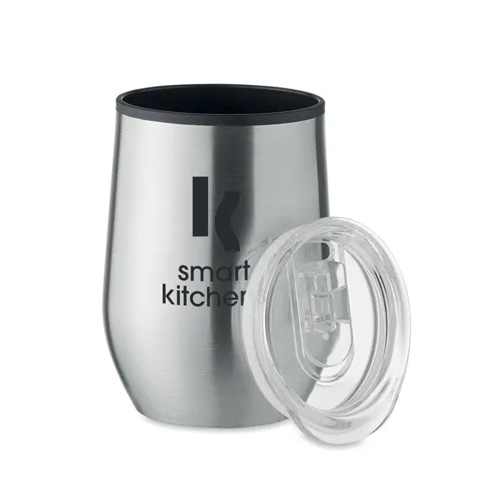 Cana de voiaj cu perete dublu 350 ml argintie din otel inoxidabil izolata cu interior negru si capac transparent cu logo smart kitchen