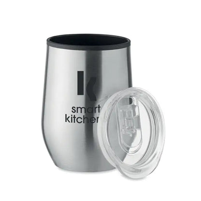 Cana de voiaj cu perete dublu 350 ml argintie din otel inoxidabil izolata cu interior negru si capac transparent cu logo smart kitchen