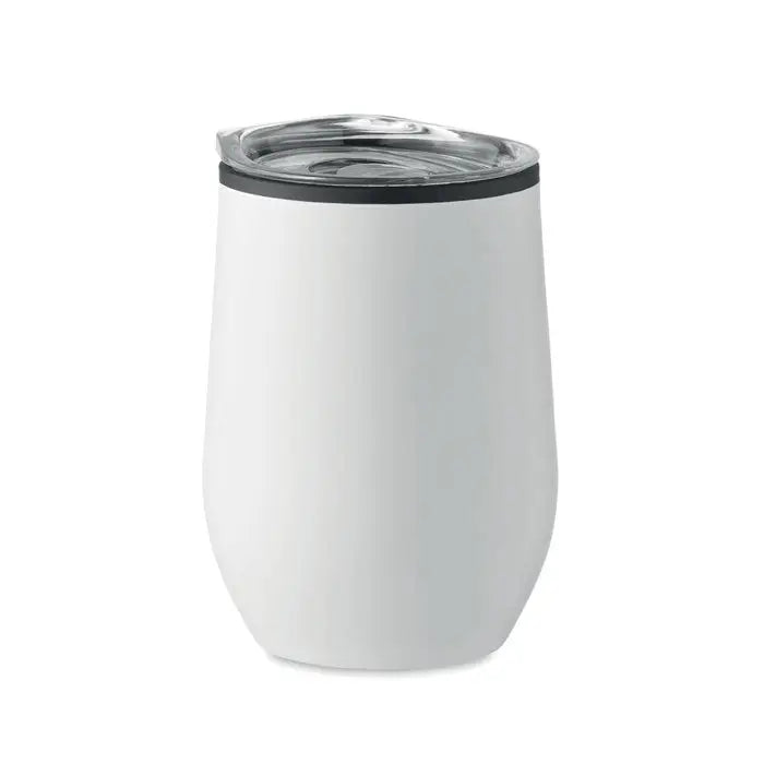 Cană de voiaj albă din oțel inoxidabil cu perete dublu 350 ml, capac transparent și garnitură neagră