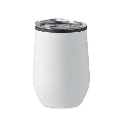 Cană de voiaj albă din oțel inoxidabil cu perete dublu 350 ml, capac transparent și garnitură neagră