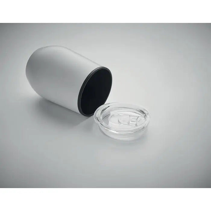 Cana de voiaj alba cu perete dublu 350 ml izolata, cu capac transparent si interior negru