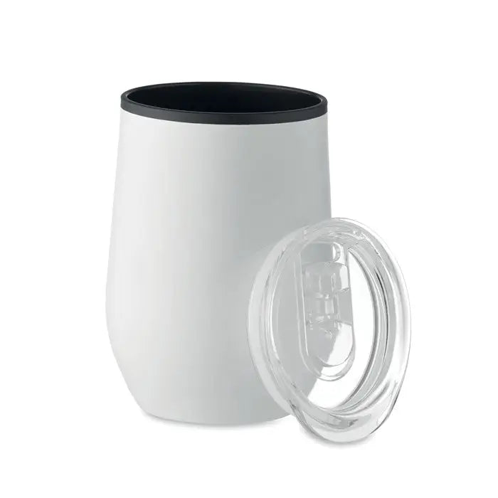 Cană de voiaj cu perete dublu albă, capac din plastic transparent și interior negru, 350 ml izolată termic