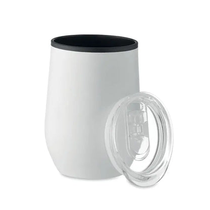 Cană de voiaj cu perete dublu albă, capac din plastic transparent și interior negru, 350 ml izolată termic