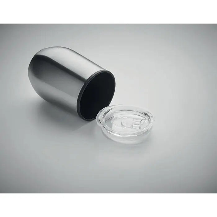 Cana de voiaj din otel inoxidabil argintiu cu perete dublu si capac din plastic transparent 350 ml