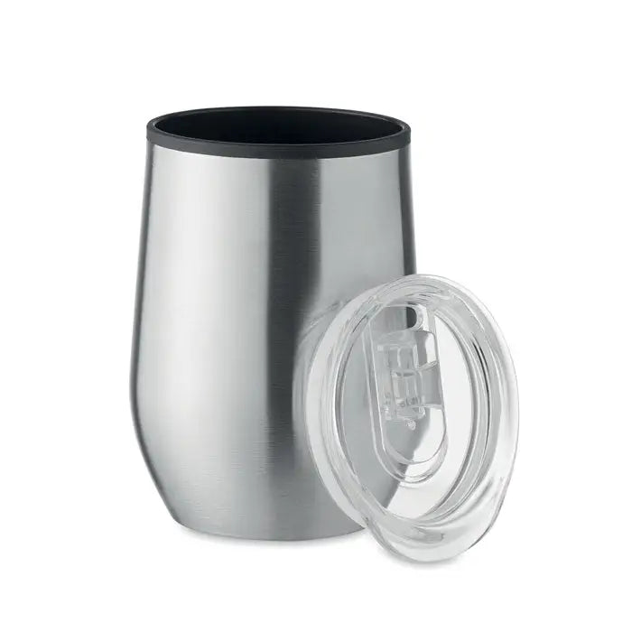Cana de voiaj din otel inoxidabil cu perete dublu 350 ml, fara pahar, cu capac din plastic transparent si interior negru