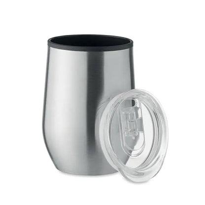 Cana de voiaj din otel inoxidabil cu perete dublu 350 ml, fara pahar, cu capac din plastic transparent si interior negru