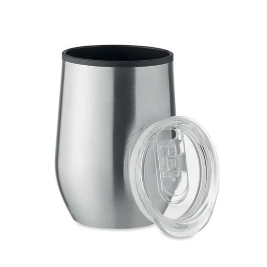 Cana de voiaj din otel inoxidabil cu perete dublu 350 ml, fara pahar, cu capac din plastic transparent si interior negru