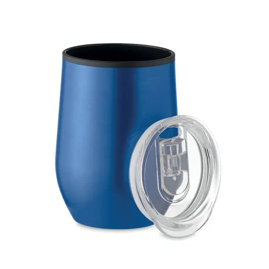 Cană de voiaj din oțel inoxidabil albastru cu perete dublu 350 ml și capac transparent cu pai integrat