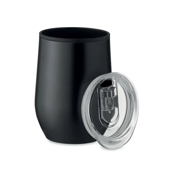 Cana de voiaj neagra din otel inoxidabil cu perete dublu de 350 ml si capac transparent cu pai inclus