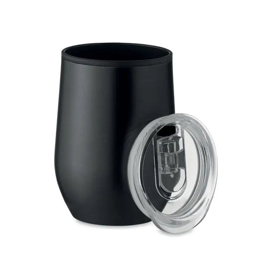 Cana de voiaj neagra din otel inoxidabil cu perete dublu de 350 ml si capac transparent cu pai inclus