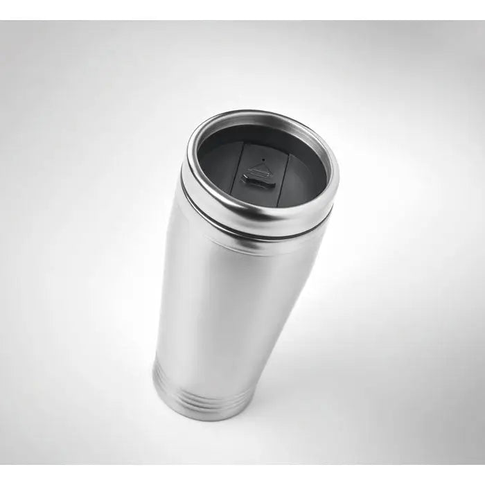 Cana de voiaj din otel inoxidabil argintiu cu perete dublu 400ml si capac negru cu orificiu rabatabil