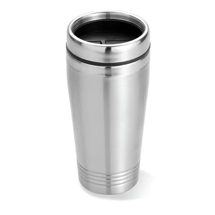 Cana de voiaj din otel inoxidabil cu perete dublu de 400ml, capac negru si striatii orizontale subtile la baza