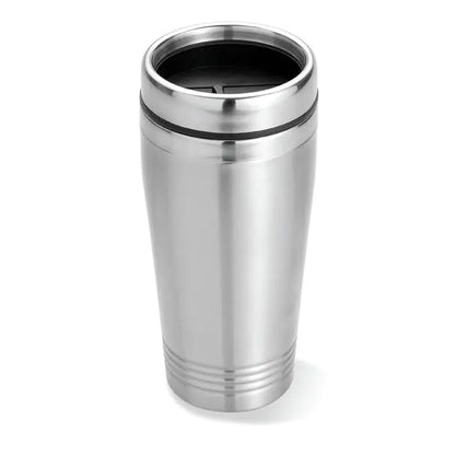 Cana de voiaj din otel inoxidabil cu perete dublu de 400ml, capac negru si striatii orizontale subtile la baza