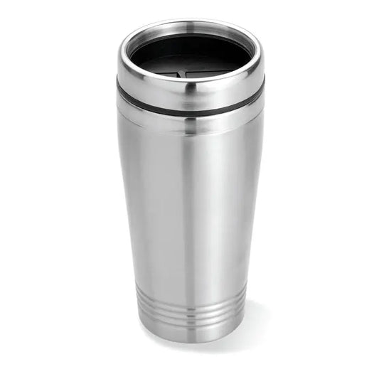 Cana de voiaj din otel inoxidabil cu perete dublu de 400ml, capac negru si striatii orizontale subtile la baza