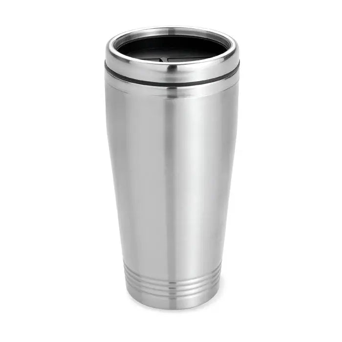 Cană de voiaj cu perete dublu 400ml argintie din oțel inoxidabil cu capac negru și dungi orizontale subtile lângă bază
