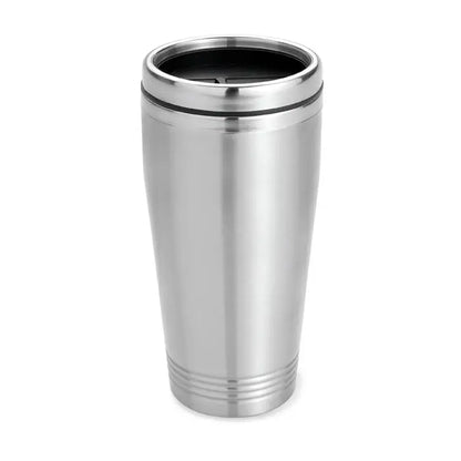 Cană de voiaj cu perete dublu 400ml argintie din oțel inoxidabil cu capac negru și dungi orizontale subtile lângă bază