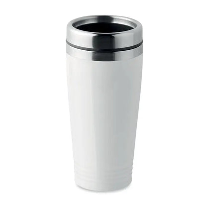 Cană de voiaj albă izolată cu perete dublu, capac și margine argintii elegante pentru băuturi calde sau reci