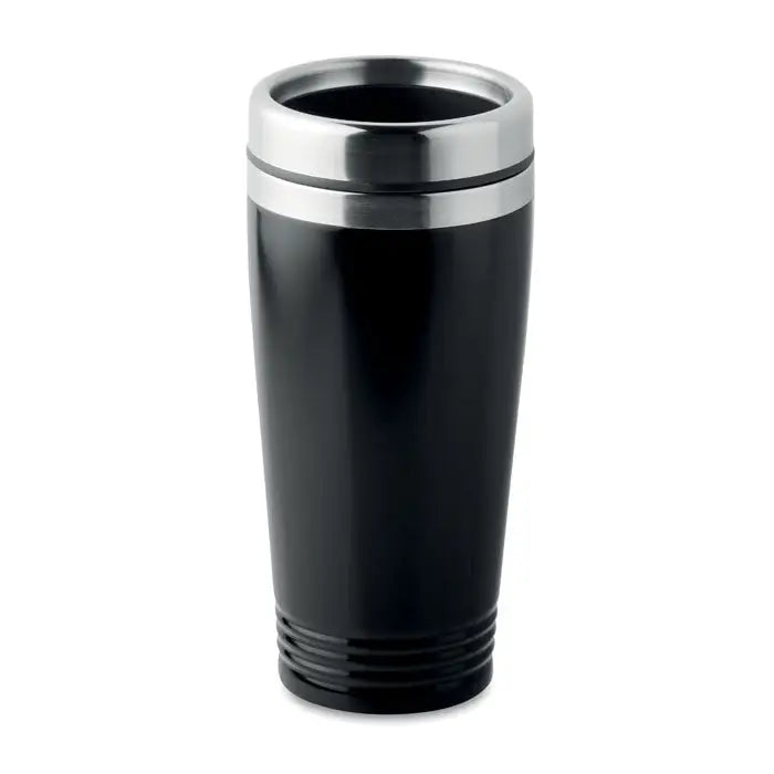 Cana de voiaj neagra cu perete dublu si margine metalica argintie eleganta pentru bauturi calde si reci
