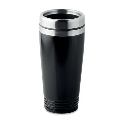 Cana de voiaj neagra cu perete dublu si margine metalica argintie eleganta pentru bauturi calde si reci