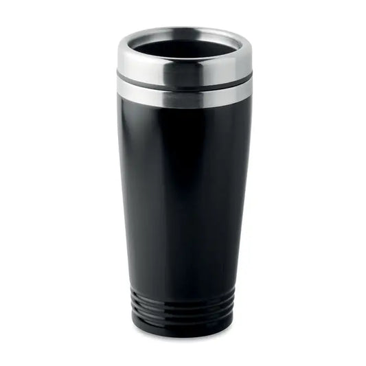 Cana de voiaj neagra cu perete dublu si margine metalica argintie eleganta pentru bauturi calde si reci