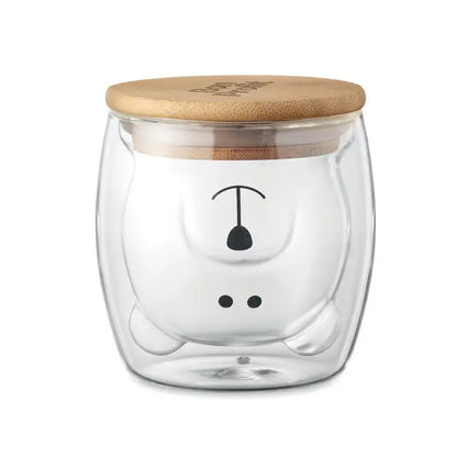 Cană din sticlă borosilicată transparentă cu perete dublu, model urs cu capac din bambus și față minimalistă neagră