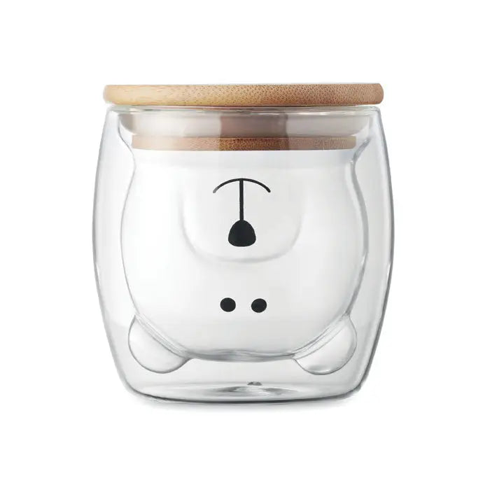 Cana din borosilicat transparenta cu perete dublu in forma de urs cu capac din bambus si detalii negre