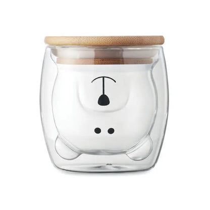 Cana din borosilicat transparenta cu perete dublu in forma de urs cu capac din bambus si detalii negre