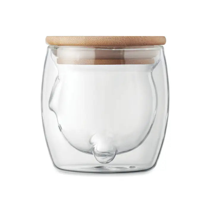 Cana din sticla borosilicata transparenta cu perete dublu si capac de bambus maro deschis in forma de pisica