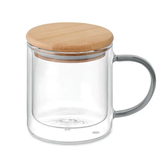 Cana din borosilicatat cu perete dublu transparent cu capac din bambus si maner gri