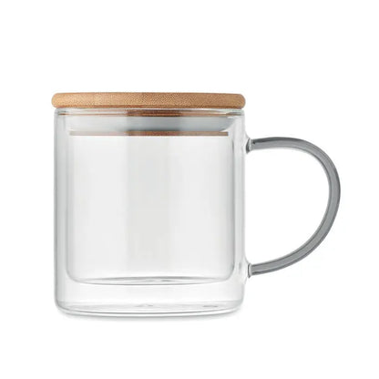 Cana din borosilicat cu perete dublu transparent cu capac din bambus si maner gri