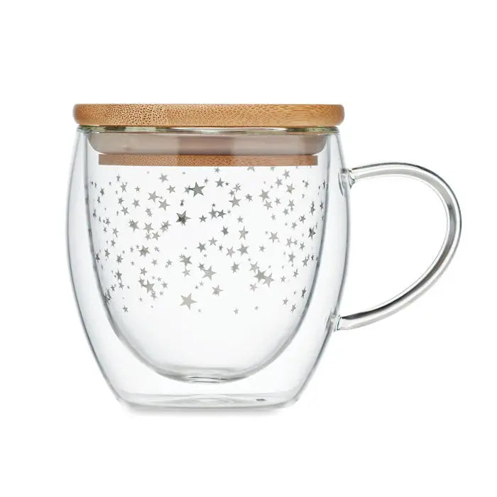Cană din borosilicat cu perete dublu transparentă cu model stele argintii și capac din bambus