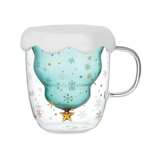Cana din borosilicat cu perete dublu si design pom de craciun turcoaz cu fulgi de nea aurii si argintii
