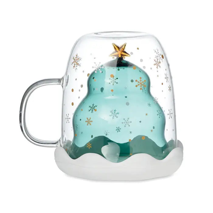 Cană din sticlă teal în formă de brad de crăciun cu dungi aurii din borosilicat și perete dublu