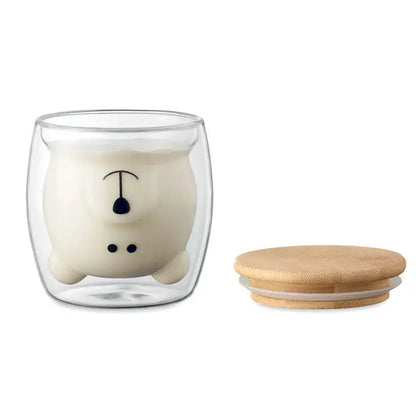 Cană din sticlă borosilicată cu perete dublu transparentă cu design urs crem și capac din bambus